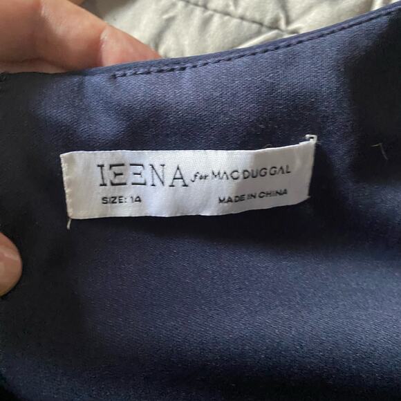 Mac Duggal Ieena Gown Dress Maxi Navy Blue Slit V Neck Sleeves Ruched Stretch - Picture 10 of 11